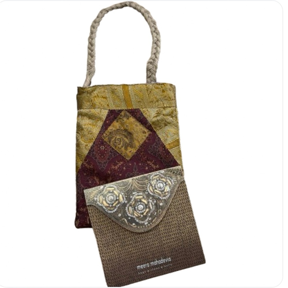 Meera Mahadevia Bag Tote Brocade Small Multicolor India Gold Burgundy Mini NEW